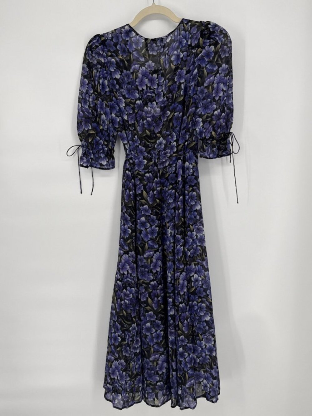 The Kooples Women Size Small Purple Black Floral Hortensia Silk Wrap Midi Dress - Picture 11 of 13